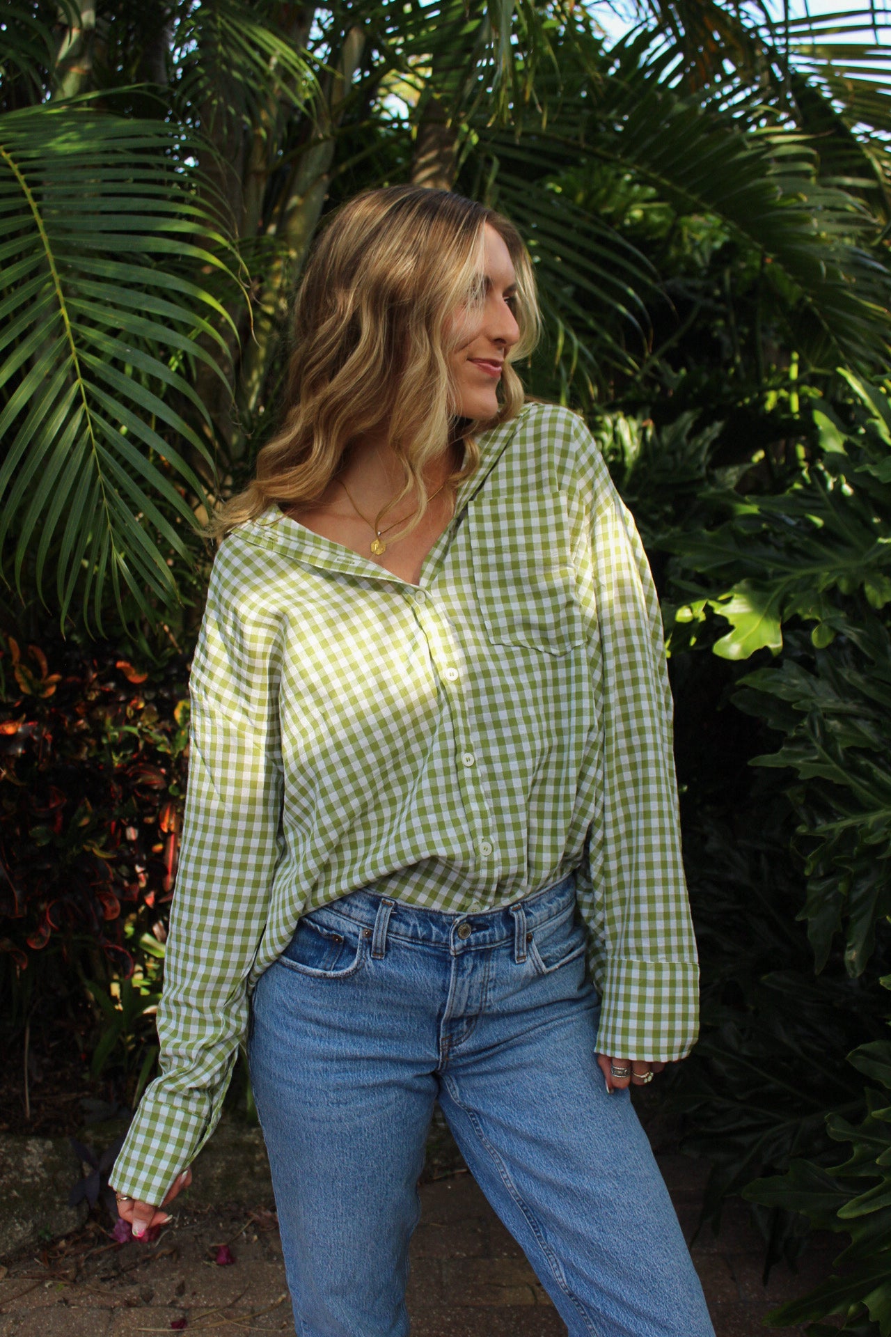 Matcha Gingham Button Up
