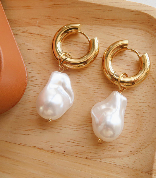 Non-Tarnish Gold Statement Large Pearl Earring