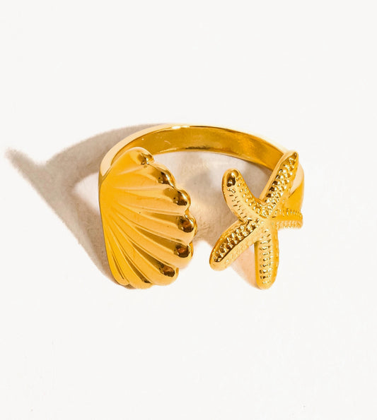 Non-Tarnish Gold Star and Shell Ring